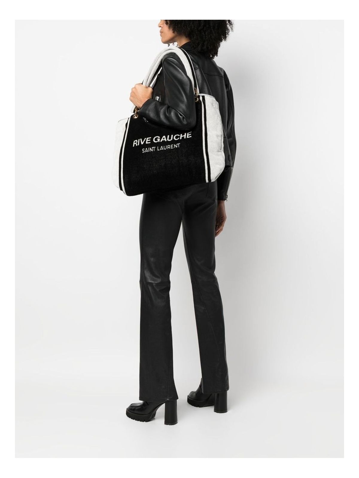 1070 SAINT LAURENT  RIVE GAUCHE TOTE IN BLACK AND WHITE TERRY CLOTH