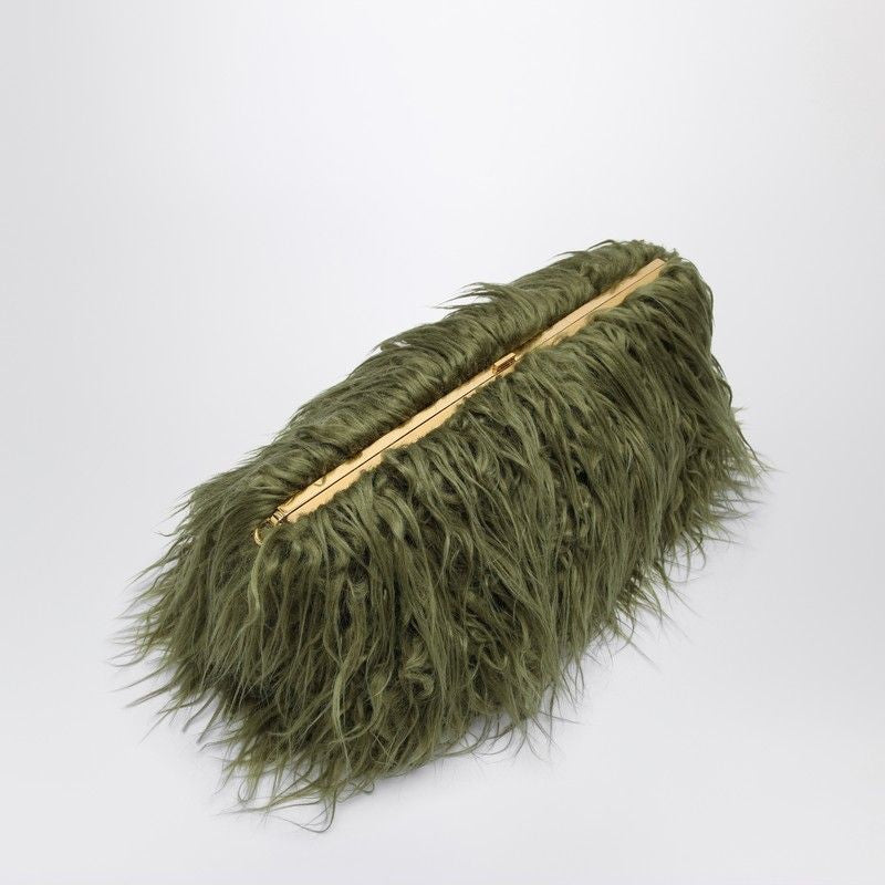 607 DRIES VAN NOTEN  CRISP OLIVE GREEN FURRY CLUTCH BAG