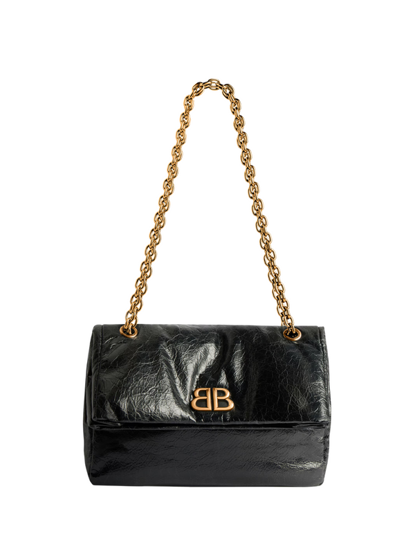 Black leather Monaco Medium Chain Bag with gold hardware and adjustable strap