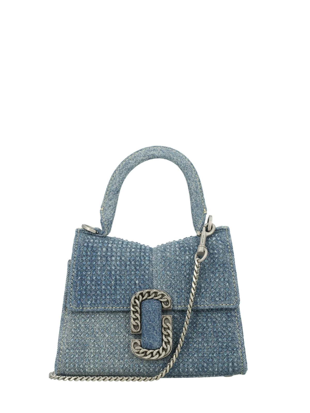 Alt text: The Mini Top Handle Denim Crystal handbag featuring sparkling crystal embellishments and a convenient top handle design