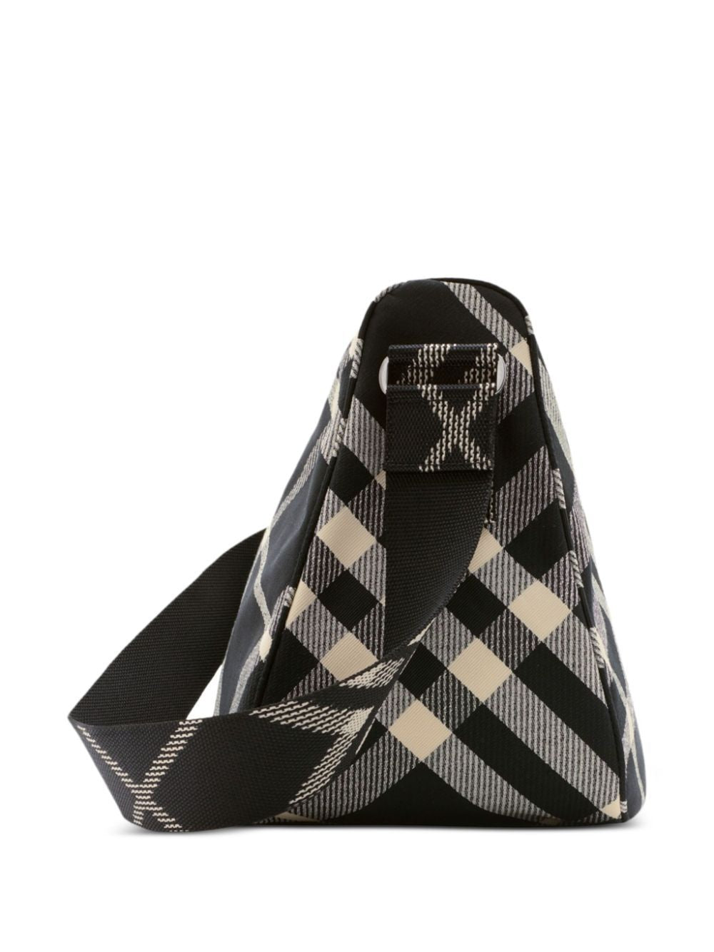 A1189 BURBERRY SHIELD MESSENGER CHECK BURBERRY BAG.
1 MAIN COMPARTMENT.
1 INSIDE POCKET.
1 ZIPPERED BACK POCKET.
ADJUSTABLE SHOULDER STRAP WITH SILVER BUCKLE. 
EMBOSSED EQUESTRIAN KNIGHT LOGO ON BUCKLE. 
MA