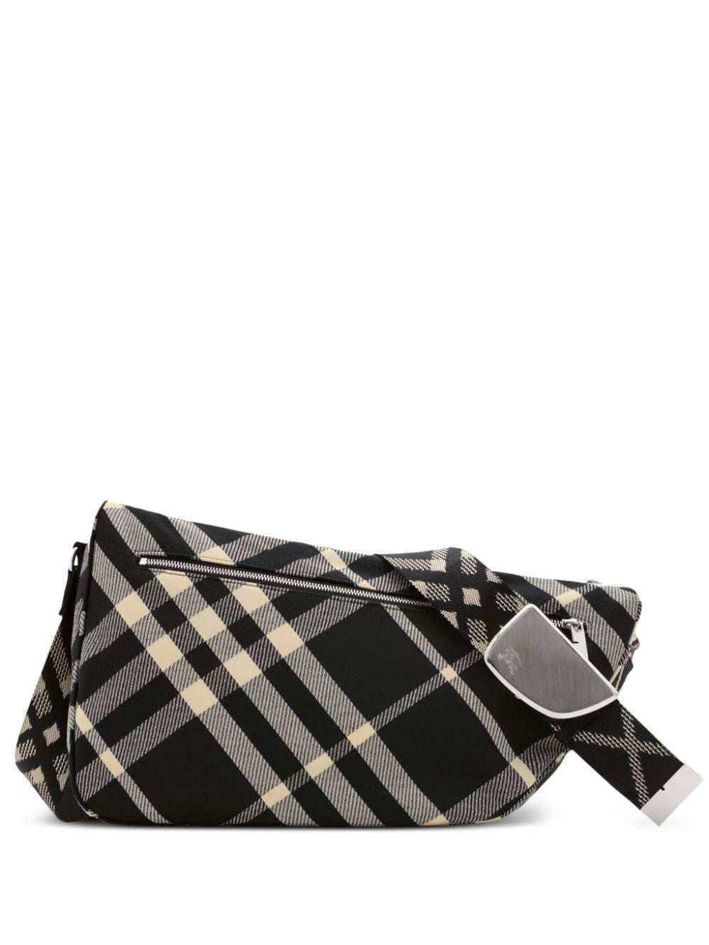 A1189 BURBERRY SHIELD MESSENGER CHECK BURBERRY BAG.
1 MAIN COMPARTMENT.
1 INSIDE POCKET.
1 ZIPPERED BACK POCKET.
ADJUSTABLE SHOULDER STRAP WITH SILVER BUCKLE. 
EMBOSSED EQUESTRIAN KNIGHT LOGO ON BUCKLE. 
MA