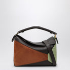 4522 LOEWE  SMALL CHOCOLATE/TAN PUZZLE BAG IN CALFSKIN AND SUEDE