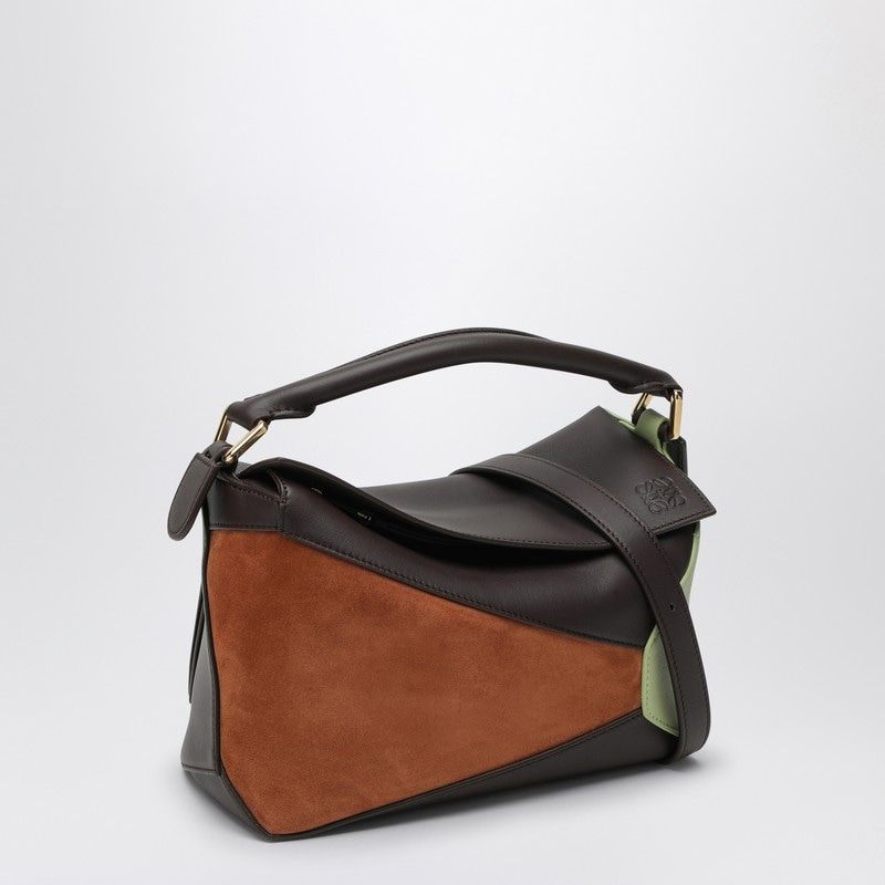 4522 LOEWE  SMALL CHOCOLATE/TAN PUZZLE BAG IN CALFSKIN AND SUEDE