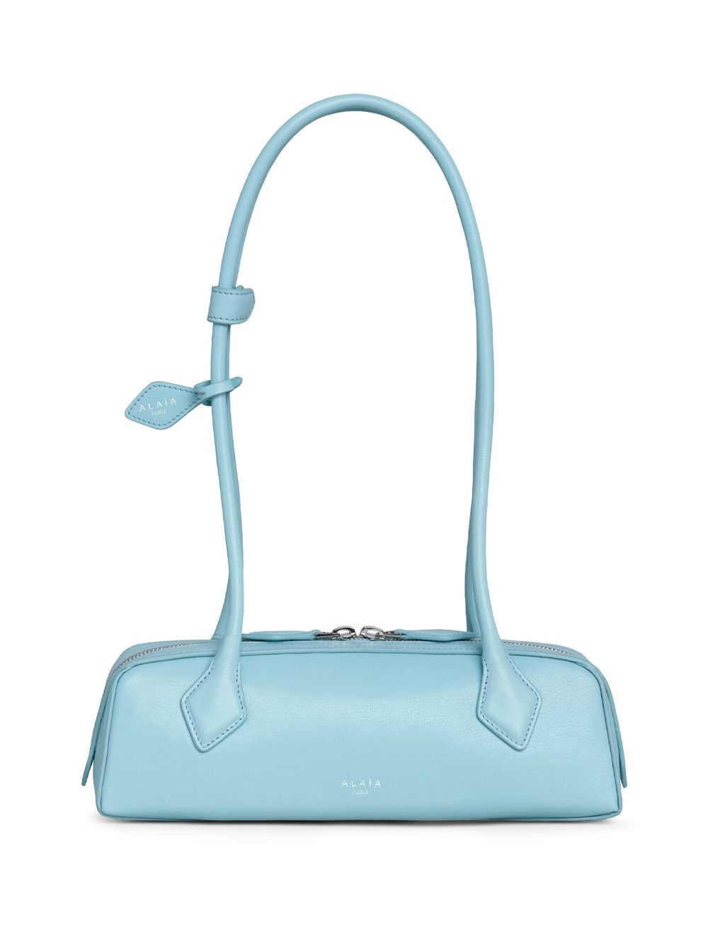 522 ALAIA MAISON ALAÏA HANDBAG, TECKEL SMALL MODEL IN LIGHT BLUE LEATHER. 
LEATHER HANDLES. 
DOUBLE-SLIDER ZIPPER. 
INSIDE CARD SLOT. 
REMOVABLE POCKET MIRROR. 
DIMENSIONS: 28 X 10 X 8 CM. 
MADE IN ITA