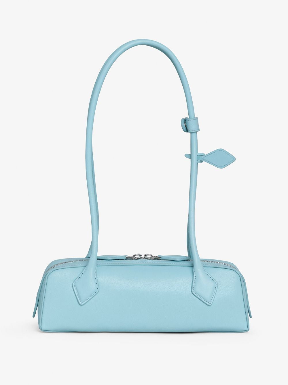 522 ALAIA MAISON ALAÏA HANDBAG, TECKEL SMALL MODEL IN LIGHT BLUE LEATHER. 
LEATHER HANDLES. 
DOUBLE-SLIDER ZIPPER. 
INSIDE CARD SLOT. 
REMOVABLE POCKET MIRROR. 
DIMENSIONS: 28 X 10 X 8 CM. 
MADE IN ITA