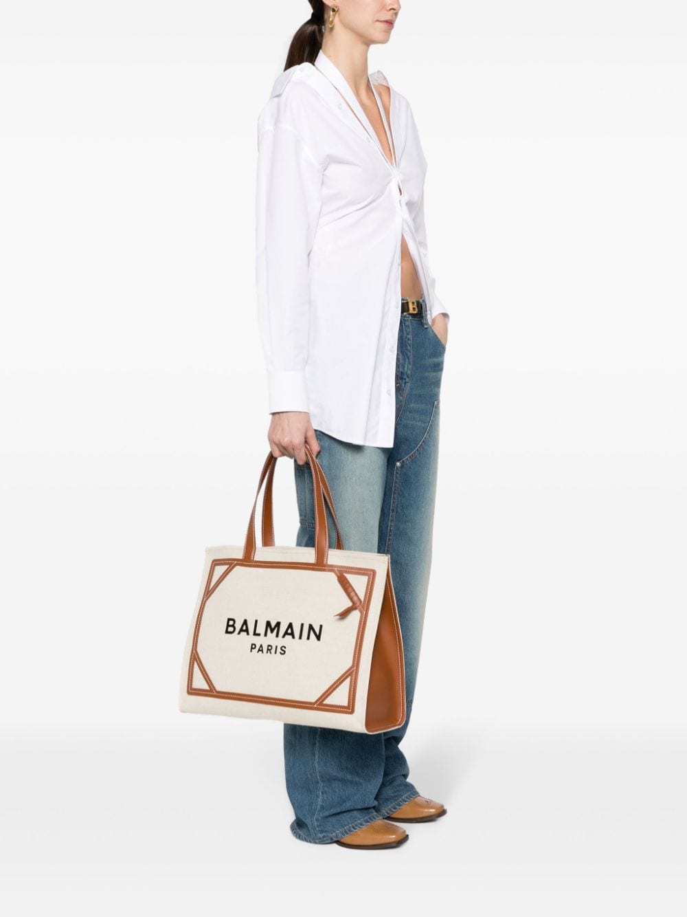 TDCSGEM BALMAIN B-ARMY MEDIUM CANVAS AND LEATHER TOTE BAG