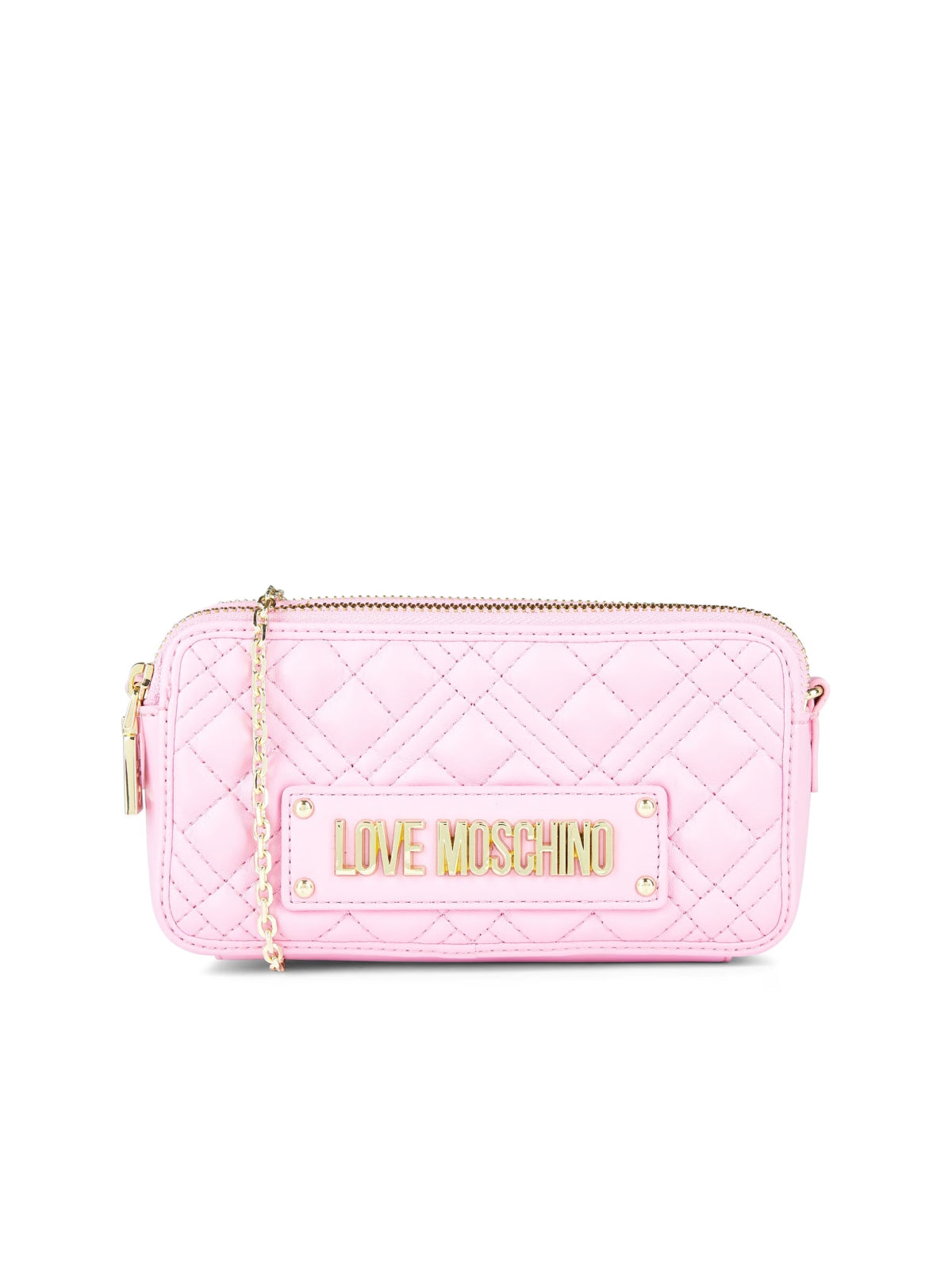 PINK LOVE MOSCHINO SUPER QUILTED LOGO CROSSBODY BAG