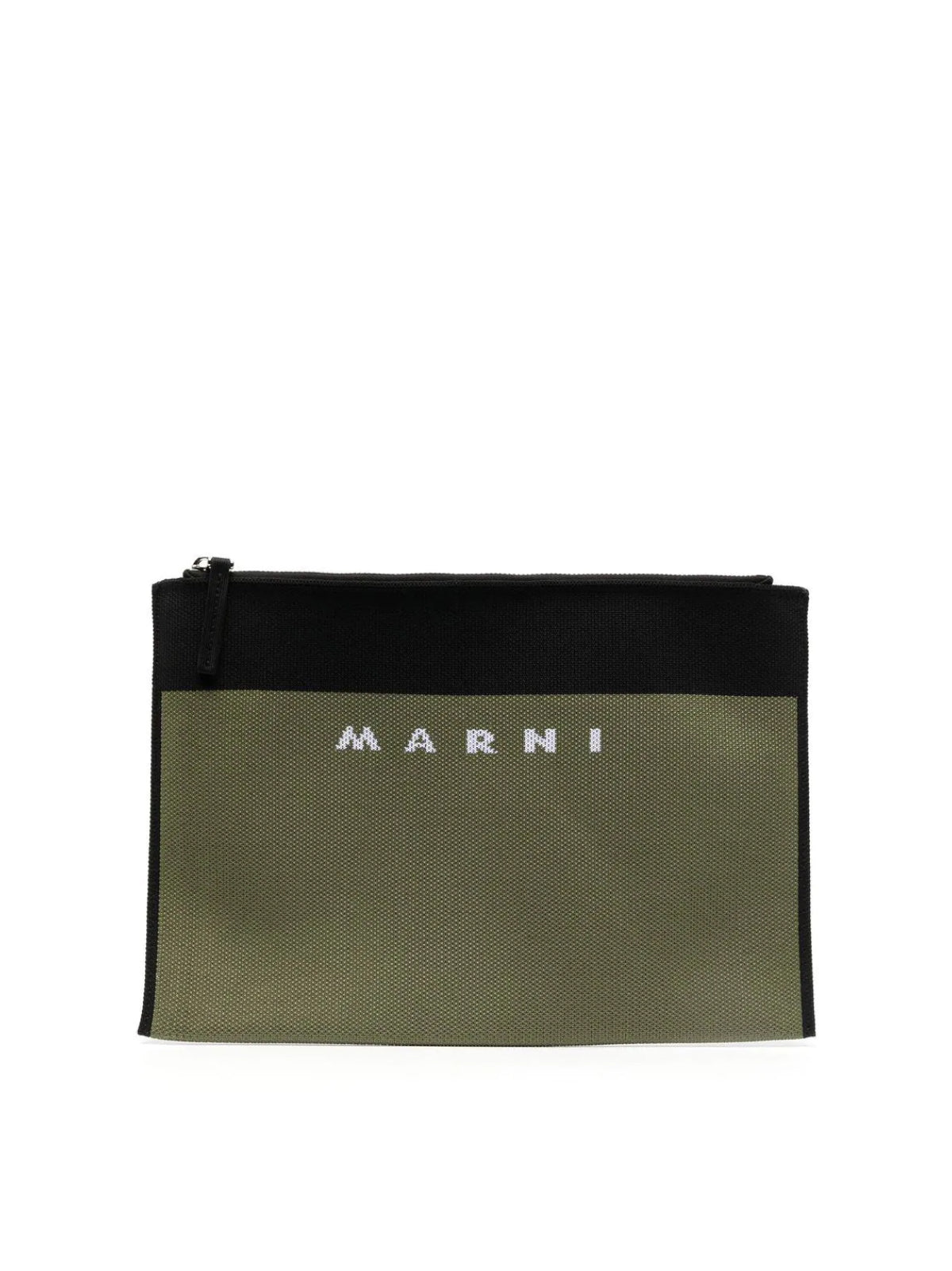 GREEN MARNI LOGO-EMBROIDERED ZIP CLUTCH BAG