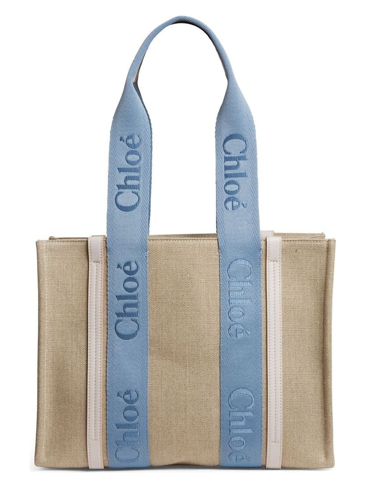 4E2 CHLOÉ TOTE WOODY M TAUPE CANVAS BLUE LOGOS