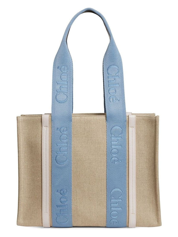 4E2 CHLOÉ TOTE WOODY M TAUPE CANVAS BLUE LOGOS