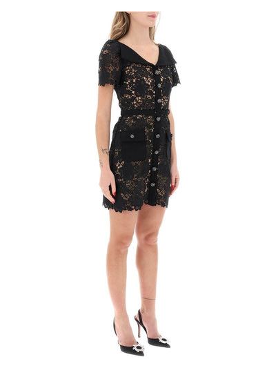 BLACK SELF-PORTRAIT  LACE MINI DRESS WITH FOLDED NECKLINE