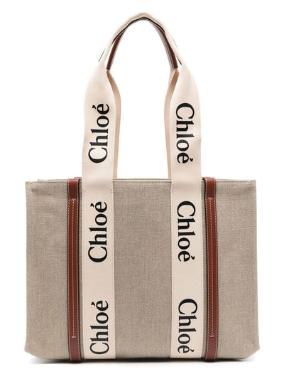 WOODY90U CHLOÉ WOODY CANVAS AND LEATHER TOTE BAG