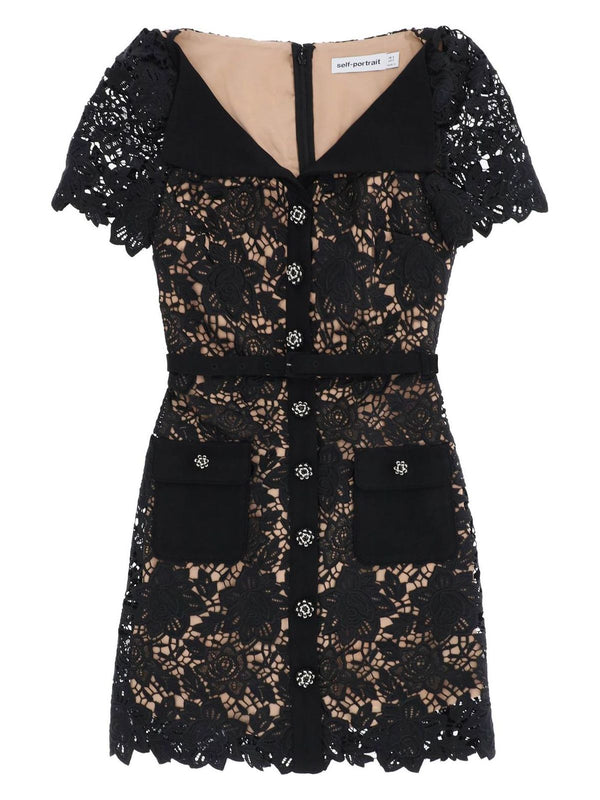 BLACK SELF-PORTRAIT  LACE MINI DRESS WITH FOLDED NECKLINE