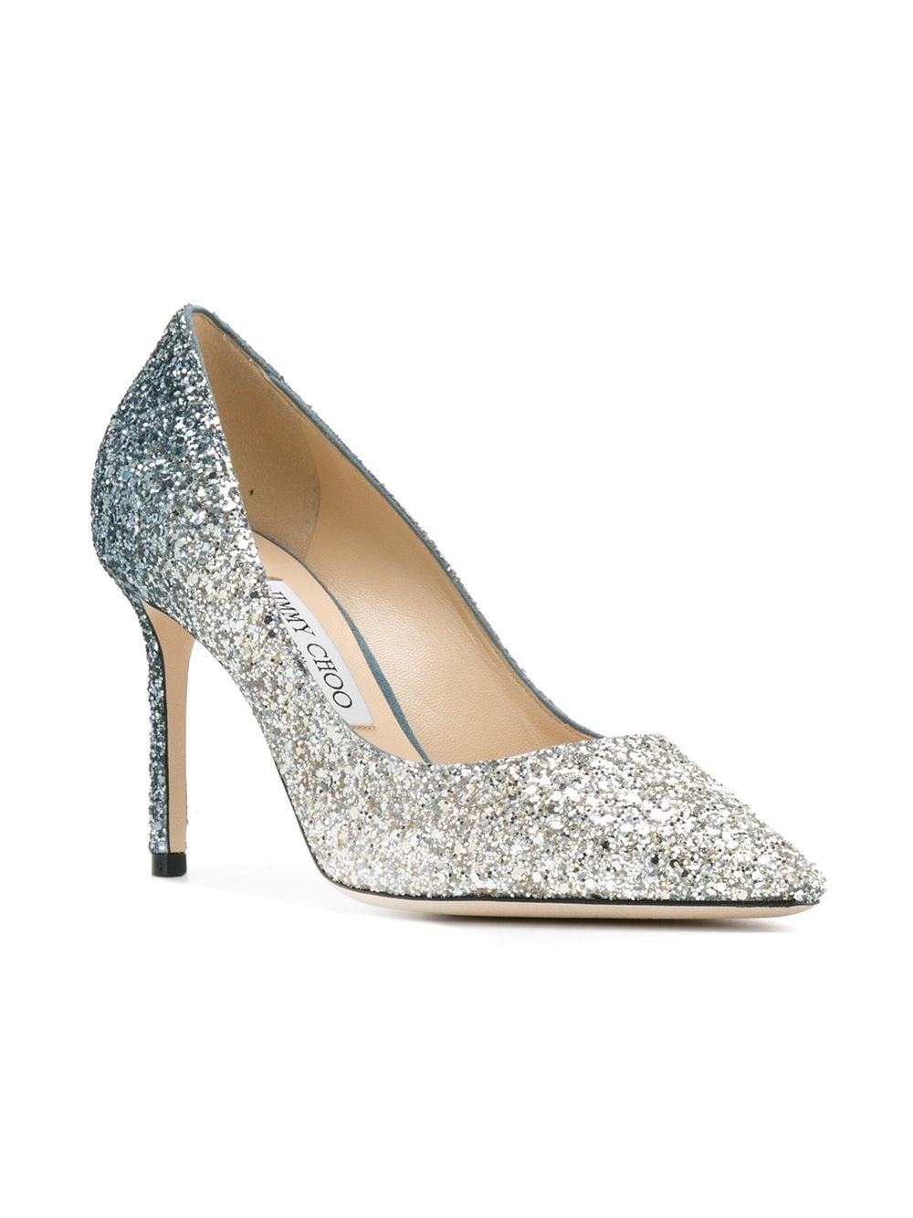 SILVER JIMMY CHOO ROMY 85 GLITTERED LEATHER PUMPS (ROMY85) – LOZURI