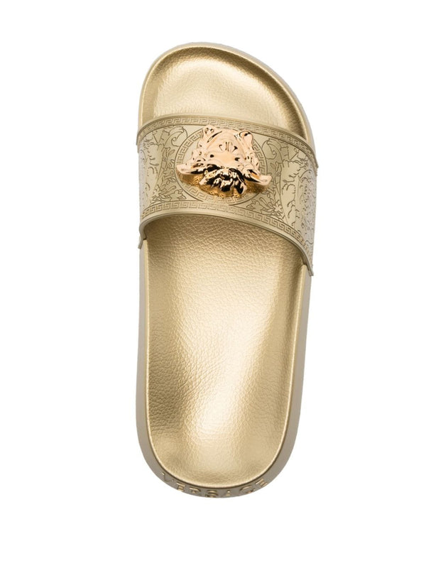 Versace Gold Tone Medusa Slides LOZURI