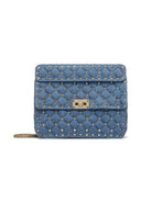 YG7 VALENTINO GARAVANI  SMALL BAG WITH ROCKSTUD SPIKE CHAIN IN EMBROIDERED DENIM