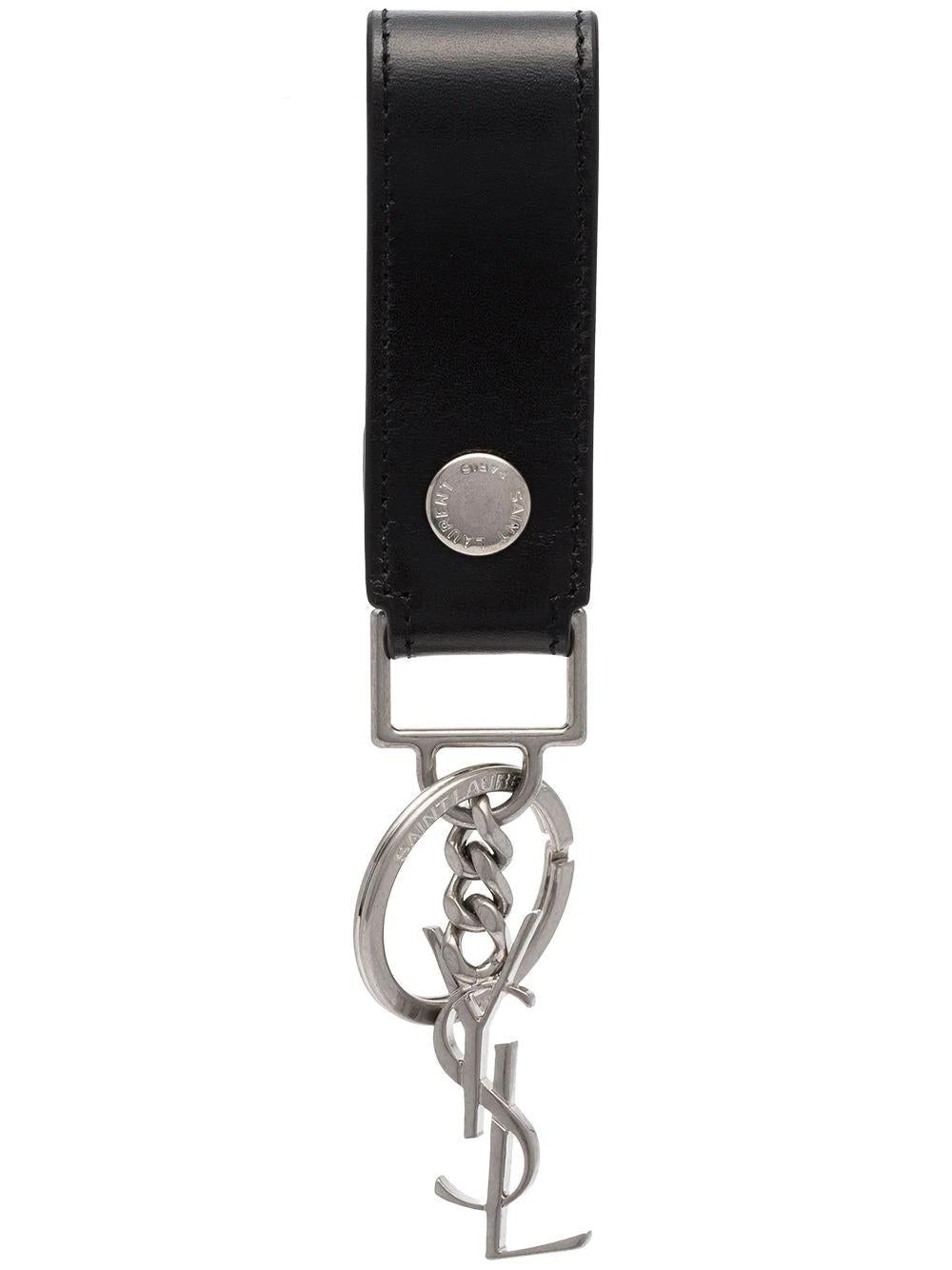 SAINT LAURENT: key crocodile print leather keychain with monogram - Black