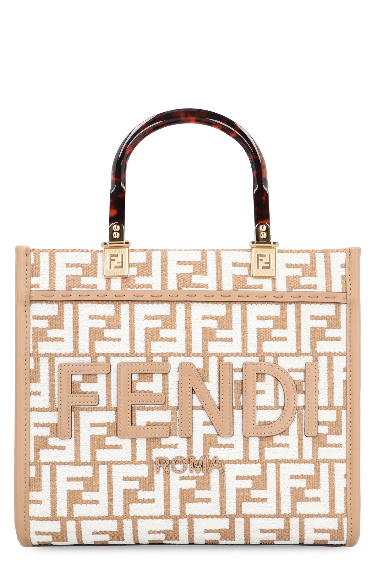 Fendi Sunshine Mini Leather-trimmed Woven Raffia Tote in Black