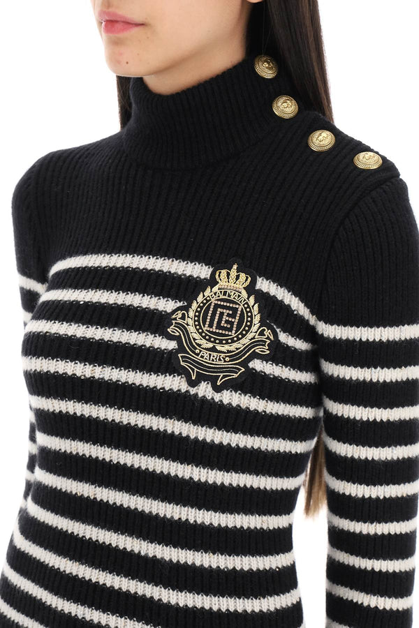 Balmain Striped Sweater With Logo Patch | LOZURI