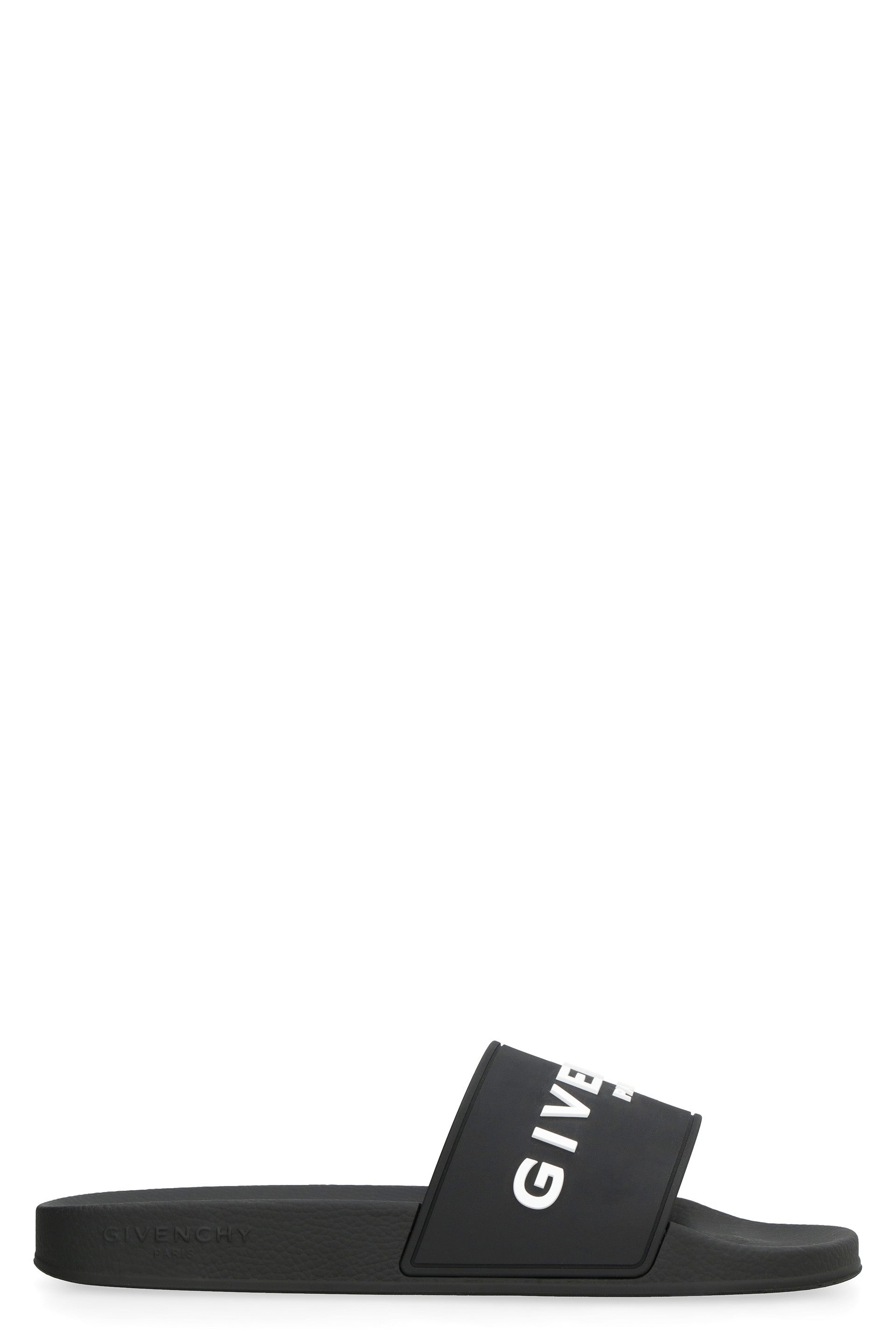 black GIVENCHY LOGO DETAIL RUBBER SLIDES (BH301TH1H4_001) | LOZURI