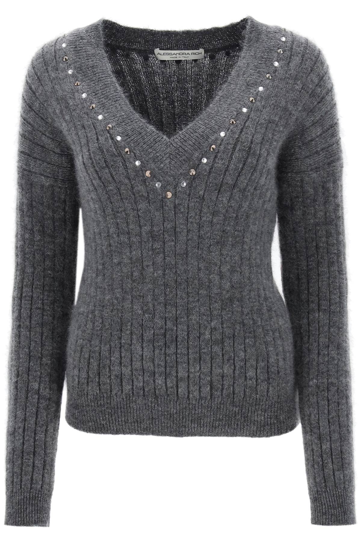 Alessandra Rich Wool Knit Sweater With Studs And Crystals