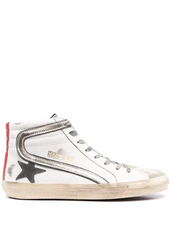 White GOLDEN GOOSE SLIDE LEATHER UPPER AND LIST SUEDE TOE AND STAR LAMINATED WAVE