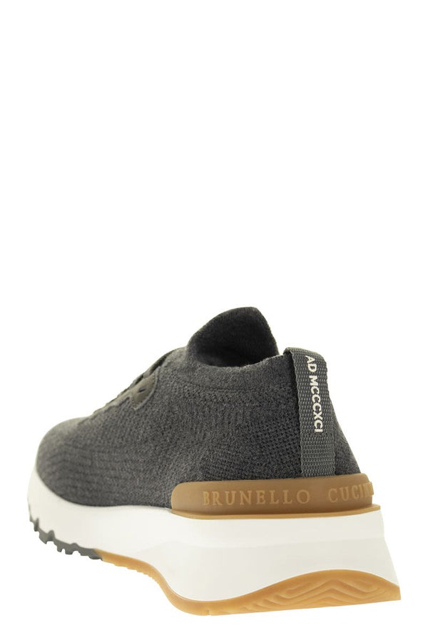 CT072 BRUNELLO CUCINELLI RUNNERS IN COTTON KNIT AND SEMI-GLOSSY CALF LEATHER