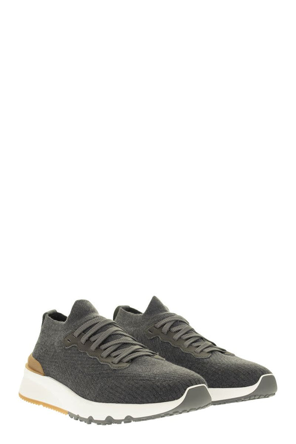 CT072 BRUNELLO CUCINELLI RUNNERS IN COTTON KNIT AND SEMI-GLOSSY CALF LEATHER